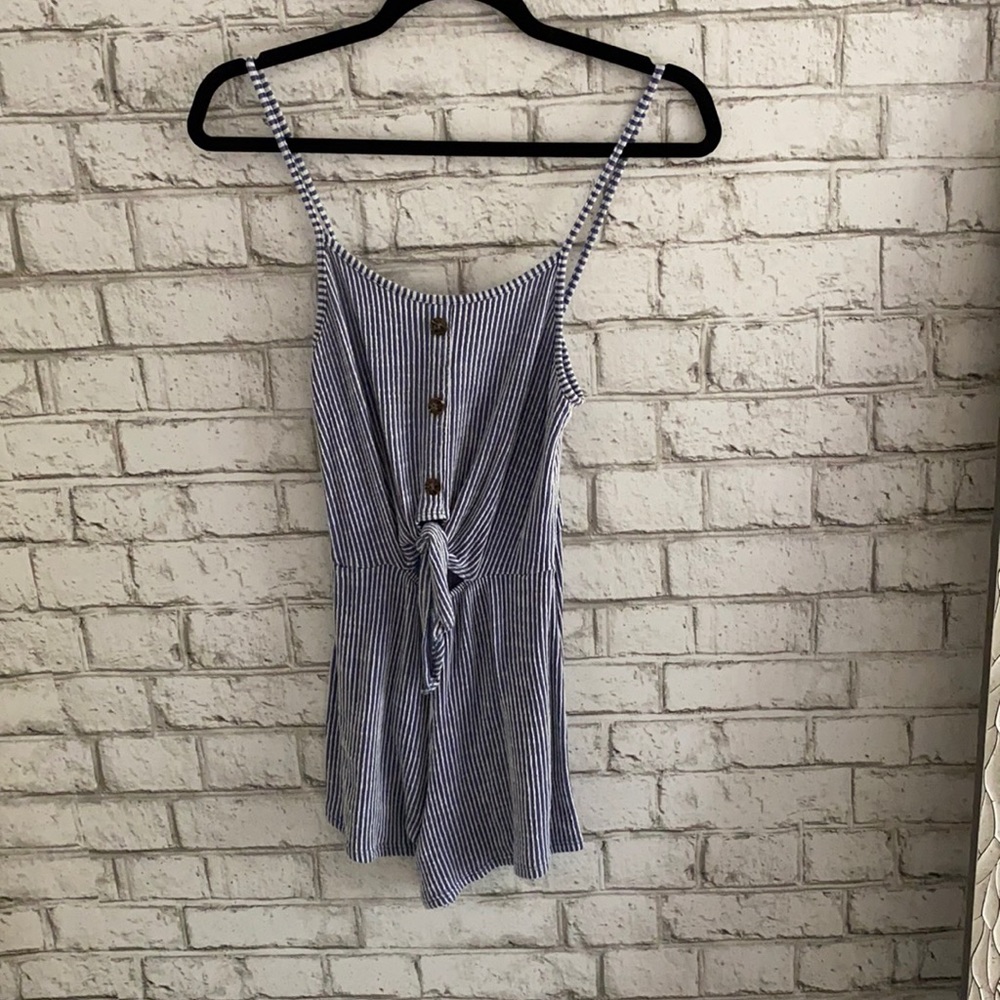blue and white stripped romper